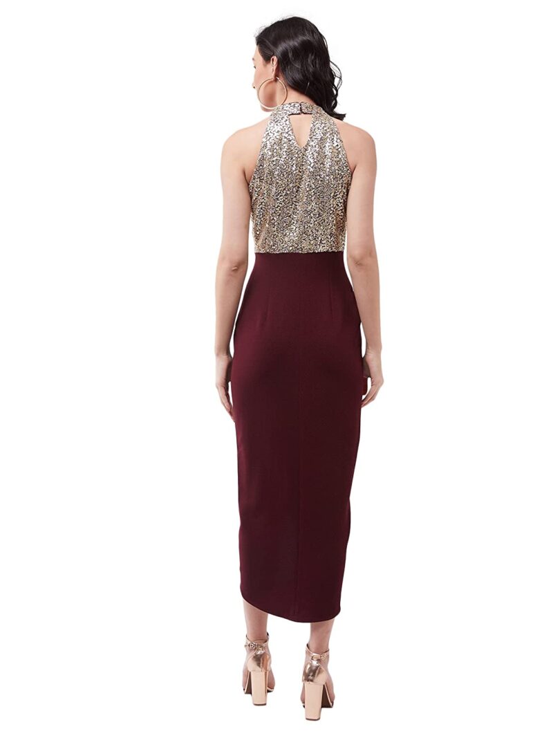 Miss Chase Women's Wine Halter Neck Sleeveless Solid Embellished Midi Dress