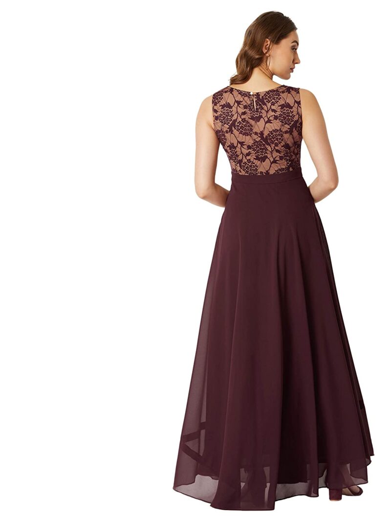 Miss Chase Women's Lavender Round Neck Sleeveless Solid Lace Overlaid Maxi Dress