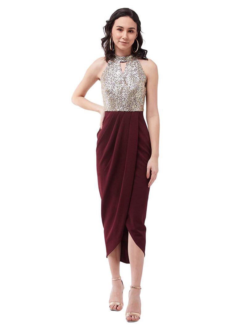 Miss Chase Women's Wine Halter Neck Sleeveless Solid Embellished Midi Dress