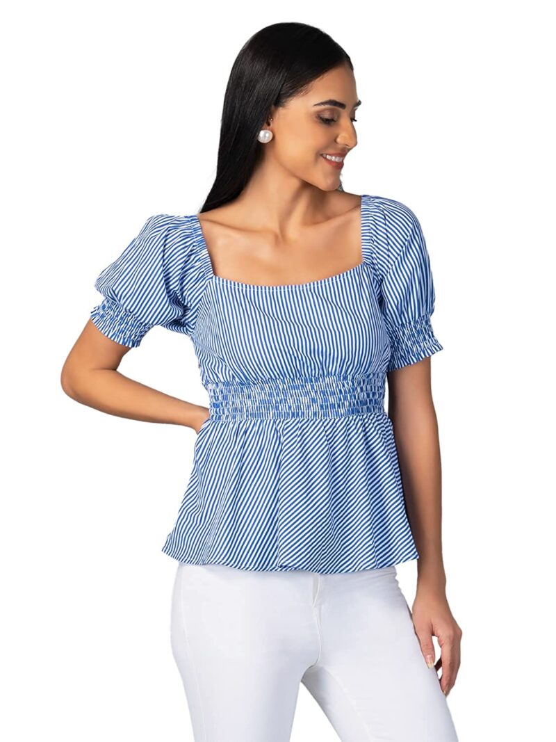 Rhysley Blue Stripes Cotton Square Neck Cuff Short Sleeve Smoked Waist Peplum Top