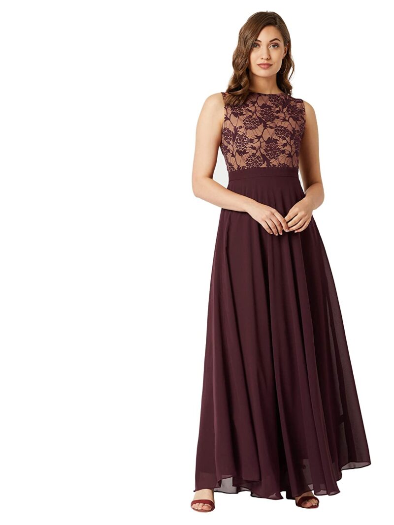 Miss Chase Women's Lavender Round Neck Sleeveless Solid Lace Overlaid Maxi Dress