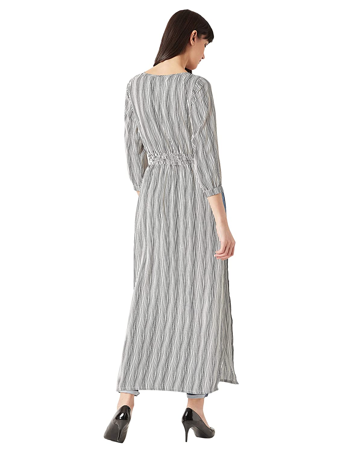 Miss Chase Women's Multicolored Round Neck 3/4th Sleeves Tie-Up Tassel Detailing Side and Front Slit Maxi Top