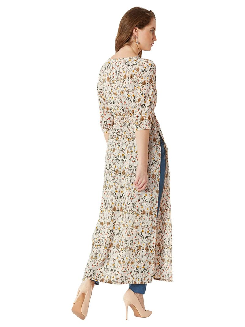 Miss Chase Women's Multicolored Round Neck 3/4th Sleeves Tie-Up Tassel Detailing Side and Front Slit Maxi Top
