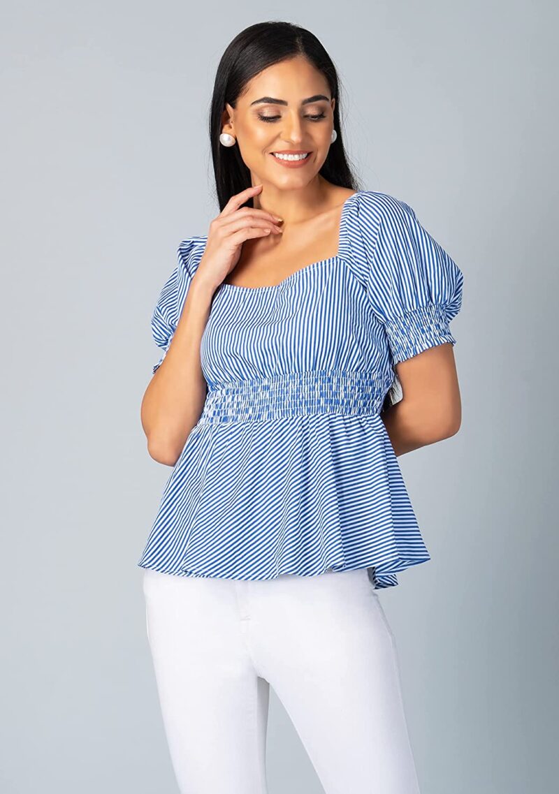 Rhysley Blue Stripes Cotton Square Neck Cuff Short Sleeve Smoked Waist Peplum Top