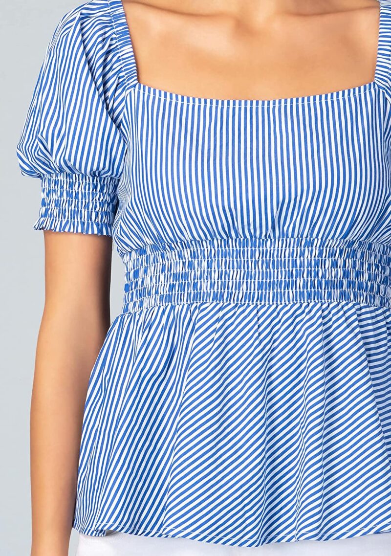 Rhysley Blue Stripes Cotton Square Neck Cuff Short Sleeve Smoked Waist Peplum Top