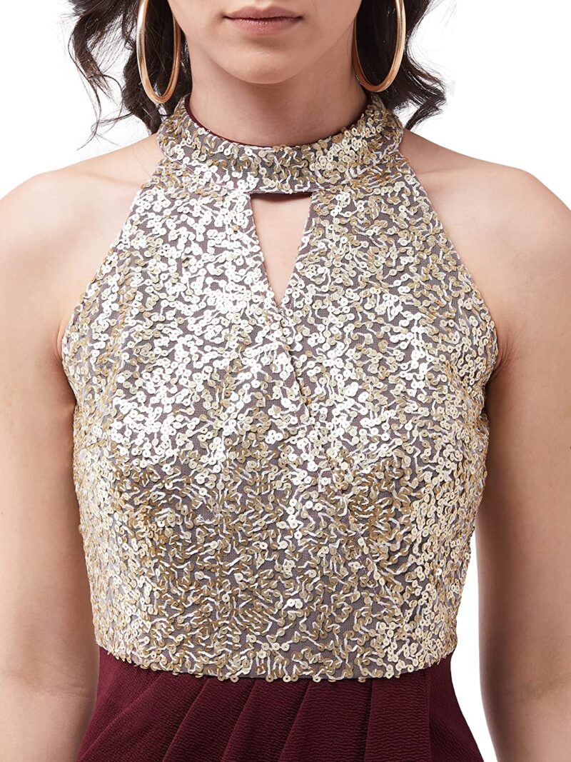 Miss Chase Women's Wine Halter Neck Sleeveless Solid Embellished Midi Dress