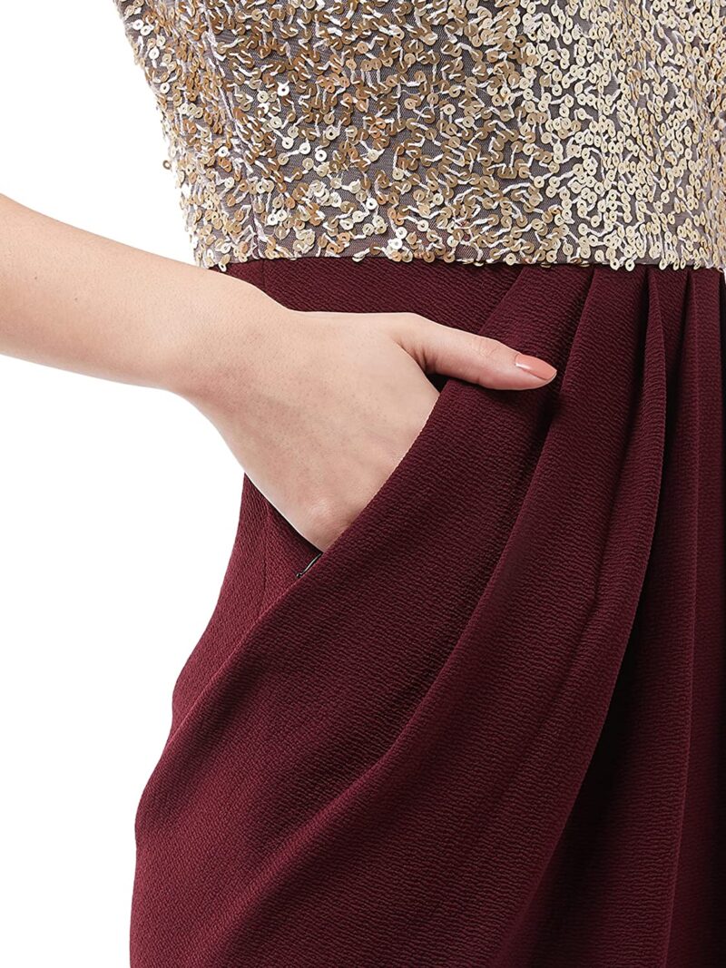 Miss Chase Women's Wine Halter Neck Sleeveless Solid Embellished Midi Dress