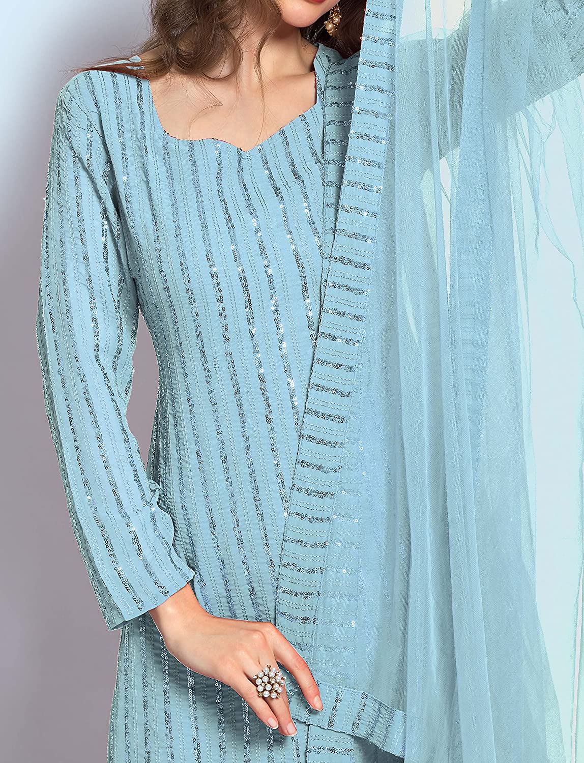 Navlik Faux Georgette Sequence Embroidered Unstitched Dress Material with Stiched Sharara